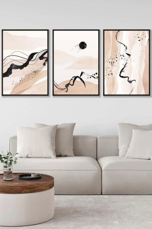 ARTZE Set of 3 Black Framed Beige Black Abstract Mountain Contours Wall Art Size: W45cm x H62cm x D20mm Beige Unisex W45cm x H62cm x D20mm