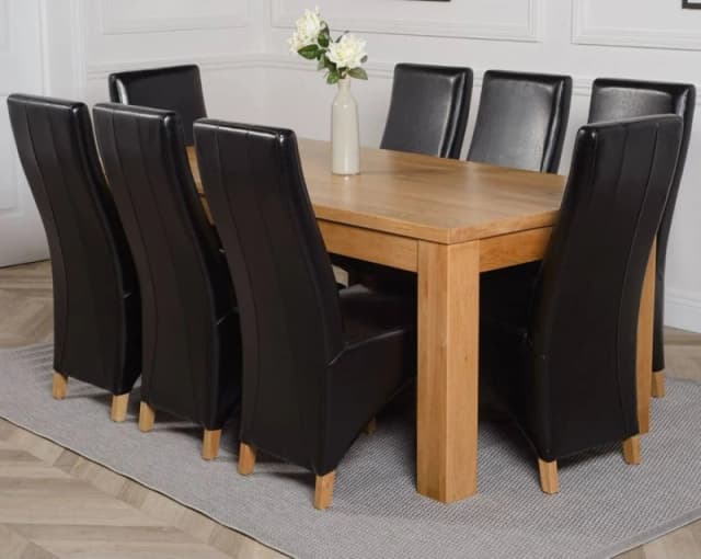 Thats Furniture Dakot 182 x 92cm Oak Large Dining Table & 8 Lola Leather Chairs in Black Size: 182 x 92cm Black Unisex 182 x 92 cm
