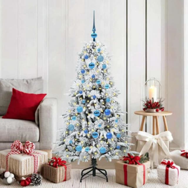 vidaXL Artificial Hinged Christmas Tree with Blue Balls Snow Flocked Green 150cm PE and PVC, Green 3397478