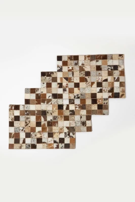 Homescapes Block Check Brown Leather Placemats Set of 4 Brown