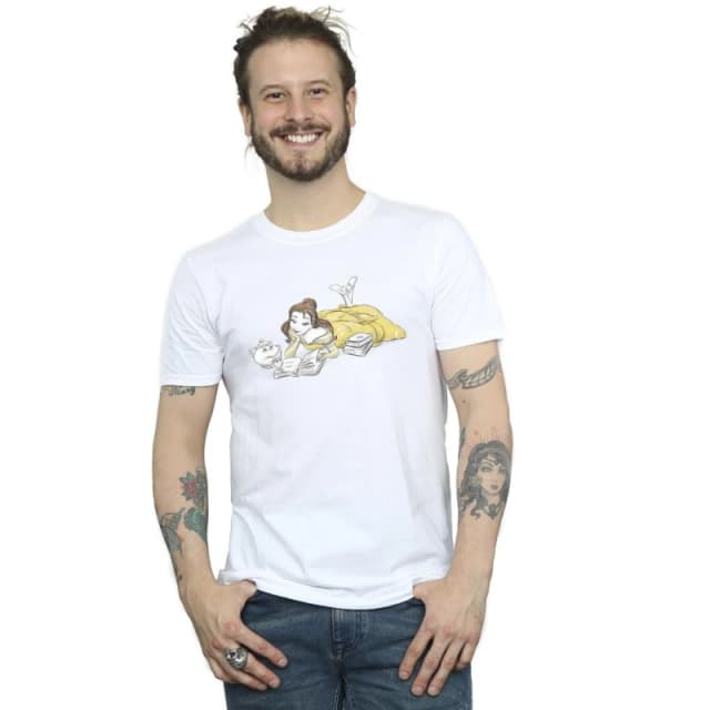 Disney Men Beauty And The Beast Belle Reading T-Shirt in White Size: Small White S Male 5063153494220