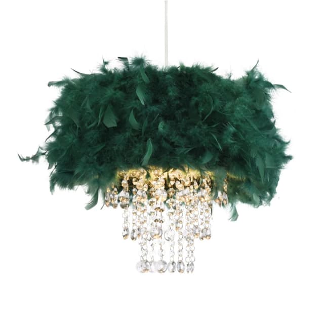 Happy Homewares Feather Pendant Light Shade with Transparent Acrylic Droplets in Dark Green Dark Green Unisex