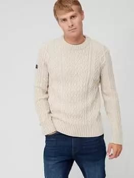 Superdry Jacob Cable Knit Crew Neck Jumper - Ecru , Ecru, Size S, Men