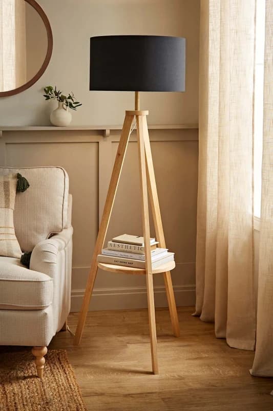 ValueLights Morrigan Light Wood Tripod Floor Lamp With Fabric Drum Lamp Shade Black