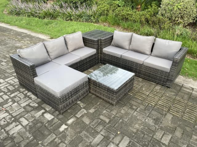 Fimous 7 Seater Rattan Garden Furniture Sofa Set with Side Table Square Coffee Table Big Footstool Indoor Outdoor Rattan Set Dark Grey
