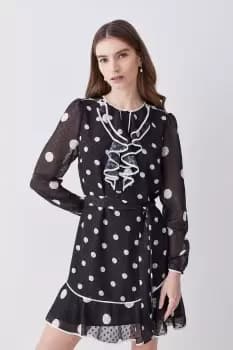 Mono Mixed Dot Piped Ruffle Belted Mini Dress