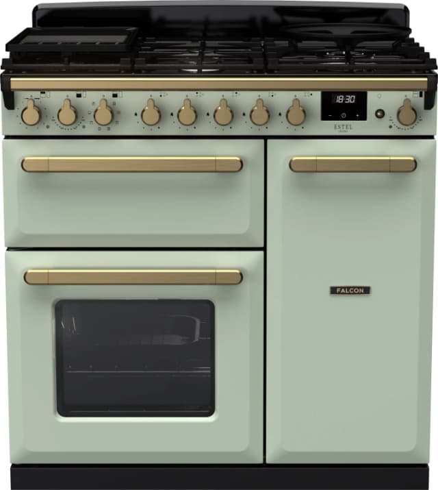 Rangemaster Estel Deluxe ESDL90DFPMNT/AB1 90cm wide Dual Fuel Range Cooker with Gas Hob - Mint / Antique Brass - A/A Rated
