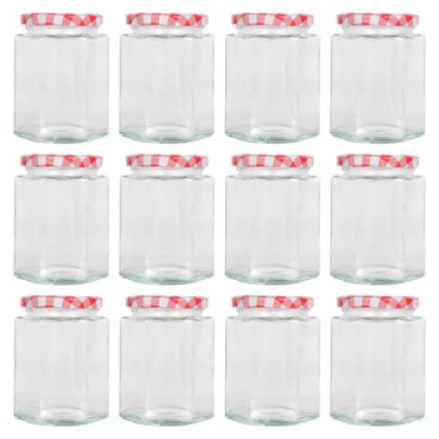 Argon Tableware Hexagonal Glass Jam Jars With Red Gingham Lids - 250ml - Pack Of 12