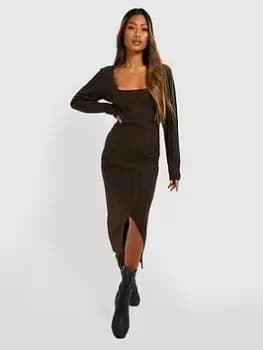 Boohoo Square Neck Rib Knit Midaxi Dress - Chocolate, Brown Size M Women