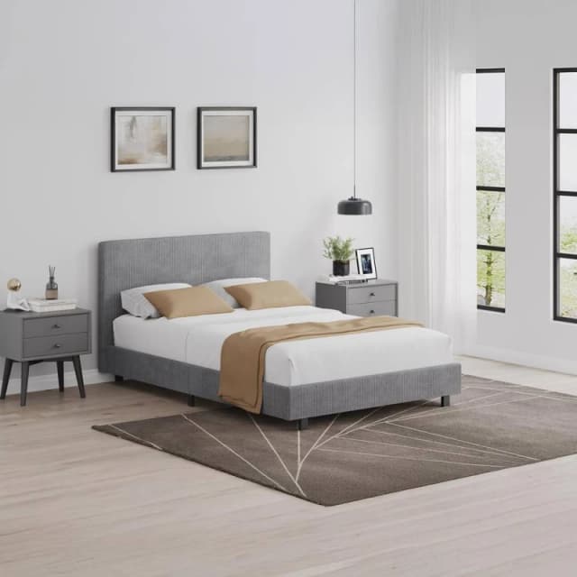 FWStyle Small Double Queen Grey Ribbed Linen Upholstered Fabric Bed Frame Grey Unisex Small Double