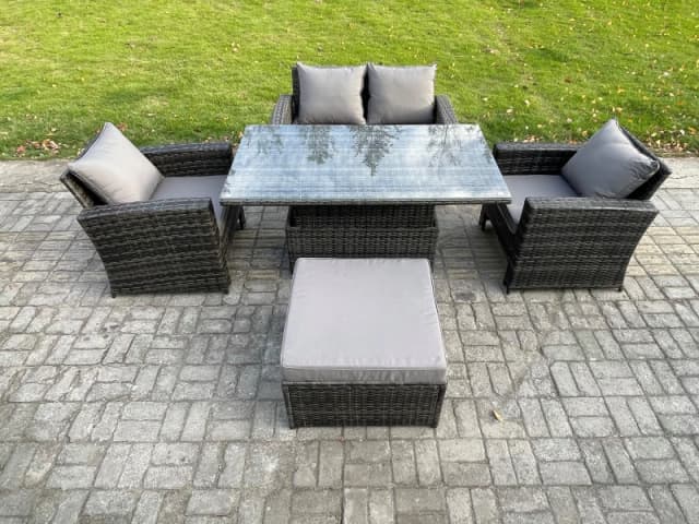 Fimous Outdoor Garden Dining Sets 5 Seater Rattan Patio Furniture Sofa Set with Rising Lifting Table Big Footstool in Dark Grey Dark Grey Unisex