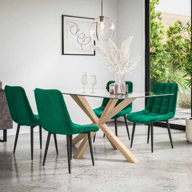 More4Homes Etta Glass Dining Table And Chairs - Glass Top W Solid Oak Legs + Nova Velvet Dining Chair Set Of 4 (Green)