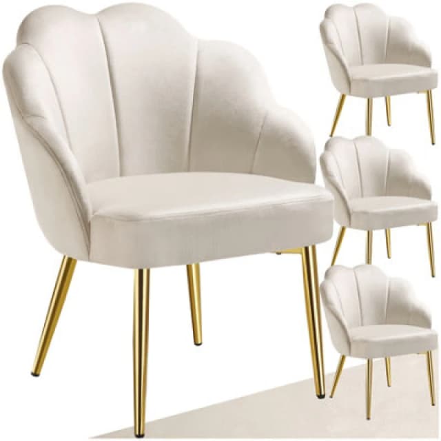 Tectake Set Of 4 Accent Chair Hellen - Velvet Cover, Padded, Extra-Wide Shell-Shaped Backrest - Cream/gold