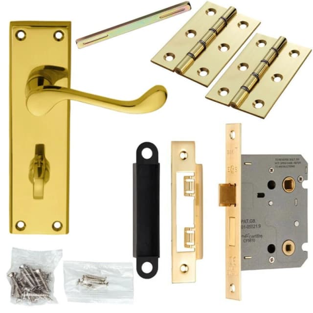 Loops Door Handle & Bathroom Lock Pack Brass Victorian Scroll Lever Backplate Metallics