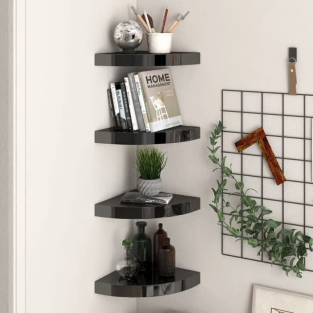 VIDAXL Floating Corner Shelves 4 pcs High Gloss Black 25x25x3.8cm MDF vidaXL 8720286075227