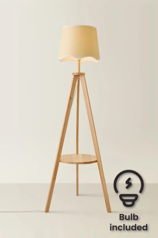 ValueLights Morrigan Wooden Tripod Floor Lamp with Scallop Trim Tapered Lamp Shade & Bulb White