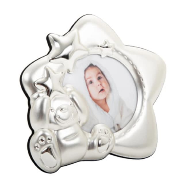 Happy Homewares Star Shaped Silver Plated Baby Photo Frame With Teddy Bear And Decorative Stars