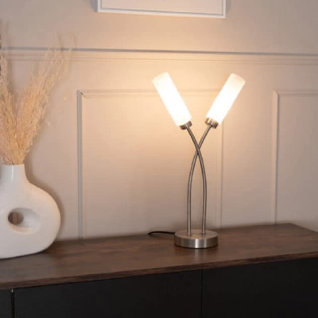 ValueLights Maya 2 Way Curved Cross Over Reed Shaded Table Lamp Silver