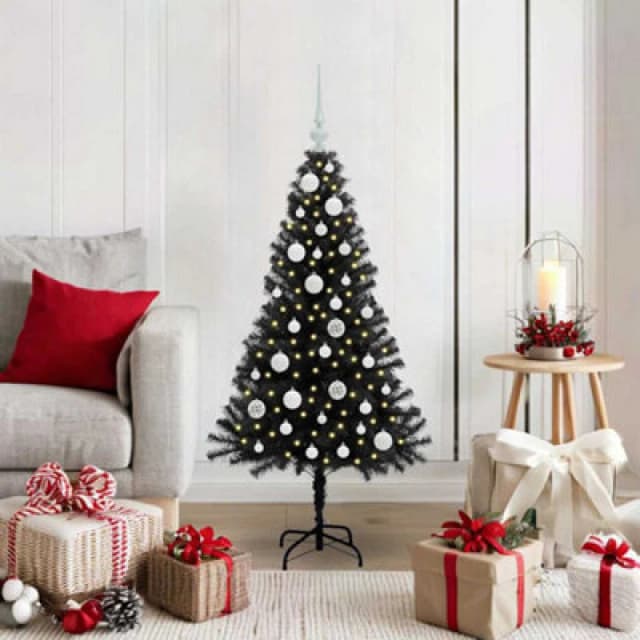 vidaXL Christmas Tree with 150 LEDs, White Balls with Stand Black 120cm PVC, Black 3396459