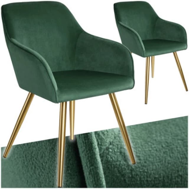 Tectake Set Of 2 Chair Marilyn With Velvet Cover, Gold Steel Legs And Plush Padding - Dark Green/gold