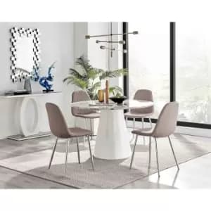 Furniture Box Palma White Marble Effect Round Dining Table and 4 Cappuccino Corona Silver Chairs