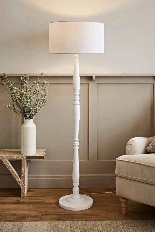 ValueLights Victoria White Wood Traditional Stem Floor Lamp with Fabric Drum Shade White