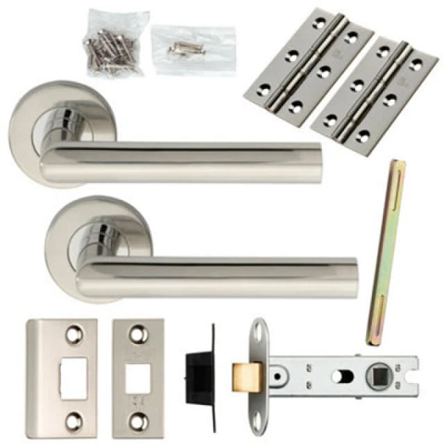 Loops Door Handle & Latch Pack Polished Steel Mitred Lever Screwless Round Rose Metallics