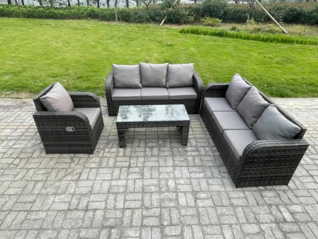 Fimous Patio Garden Furniture Sets 7 Seater Wicker Outdoor Rattan Furniture Sofa Sets with Rectangular Coffee Table Reclining Chair Dark Grey