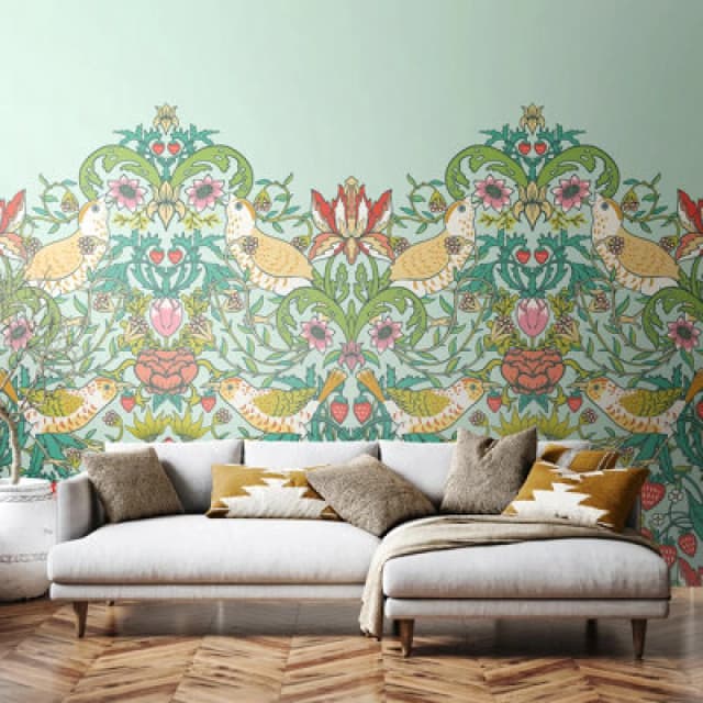 Origin Murals Birds, Fruit And Foliage - Duck Egg Matt Smooth Paste The Wall Mural 350Cm Wide X 280Cm High