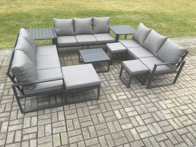 Fimous Aluminium Outdoor Garden Furniture Set Patio Lounge Sofa with Square Coffee Table 2 Side Tables 3 Footstools Conservatory Set in Dark Grey Dark