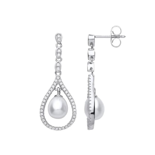 Jewelco London Silver CZ Pearl Tears of Joy Drop Earrings 7x8mm - GVE680 Silver female