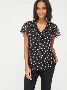 Wallis Lurex Spot Frill Top - Black, Size 12, Women