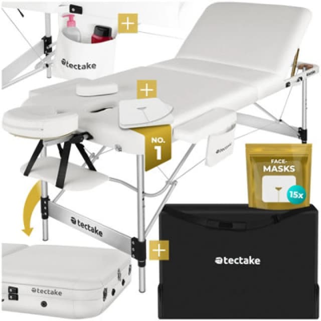 Tectake Massage Table Ko Tao - 3 Zones, 78Cm Wide, Aluminium Frame, Folding, Carry Bag - White
