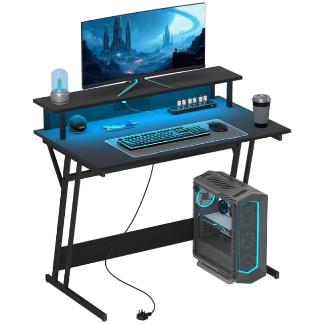 HOMCOM LED Gaming Desk with Power Outlets and Monitor Stand 100 x 60cm Black TJ Hughes 5063603242555