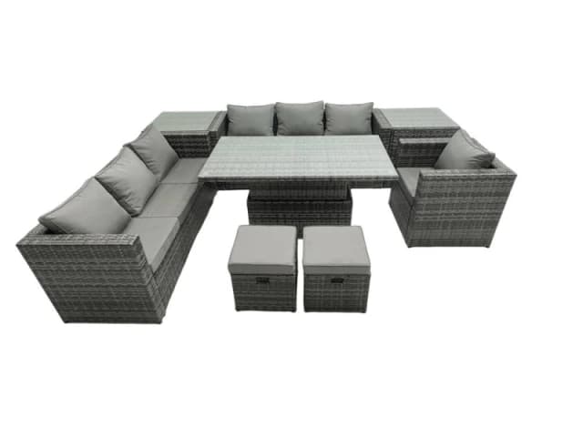Fimous Rattan Dining Table Sofa Set with 2 Small Stools Outdoor 9 Seat in Dark Grey Dark Grey Unisex