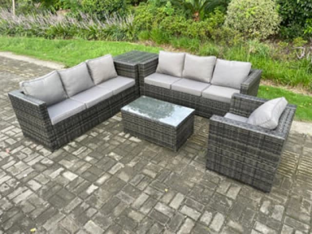 Fimous Wicker PE Rattan Sofa Set Outdoor Patio Garden Furniture with Armchair Side Table Oblong Coffee Table Dark Grey Mixed Dark Grey