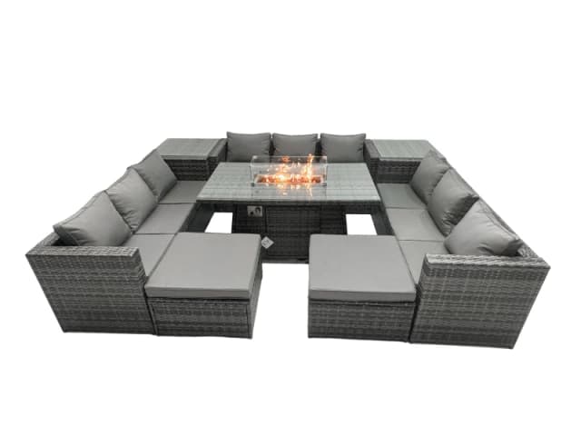 Fimous Rattan Garden Furniture Firepit Dining Set Outdoor 10 Seater Patio with Glass Top Dining Table 2 Side Tables Dark Grey