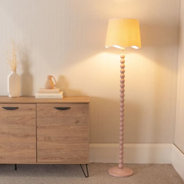 ValueLights Bobbins Painted Rose Floor Lamp with Linen Scallop White Trim Shade Pale Pink