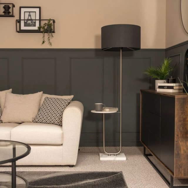 ValueLights Tavel Brushed Chrome Marble Base Floor Lamp With Table And Large Charcoal Grey Shade Silver