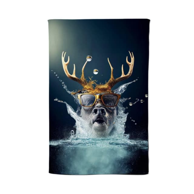 Warren Reed - Designer Stag With Glasses Splashart Tea Towel in Grey Grey Unisex