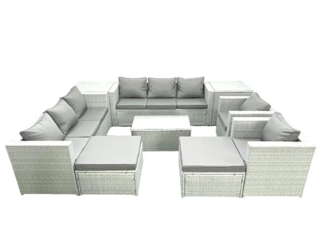 Fimous Outdoor Rattan Sofa Garden Furniture Set with 2 Armchairs Oblong Coffee Table 2 Big Footstools 2 Side Tables Light Grey Mixed Light Grey