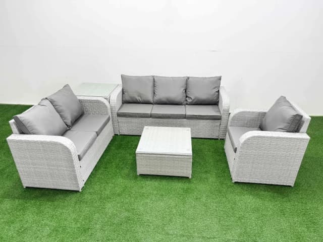 Fimous Patio PE Wicker 6 Seater Outdoor Rattan Furniture Sofa Sets with Square Coffee Table Reclining Chair Loveseat Sofa 3 Seater Sofa Side Table Lig