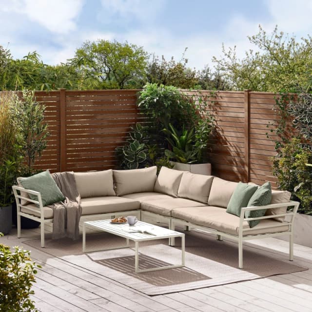 FurnitureboxUK FurnitureboxUK Montenegro White Metal 6 Seat Outdoor Garden Sofa Set, Taupe Cushions, 6 seat corner sofa + metal coffee table White One