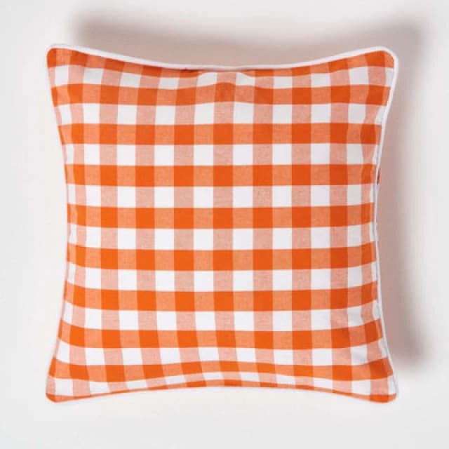 Homescapes Orange Block Check Cotton Gingham Cushion Cover, 45 X 45 Cm