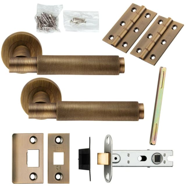 Loops Door Handle & Latch Pack Antique Brass Knurled Round Bar Screwless Round Rose Metallics