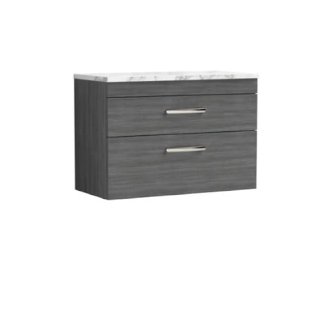 NUIE Nuie - Athena Wall Hung 2-Drawer Vanity Unit with Carrera Marble Worktop 800mm Wide - Anthracite Woodgrain ATH067LCM
