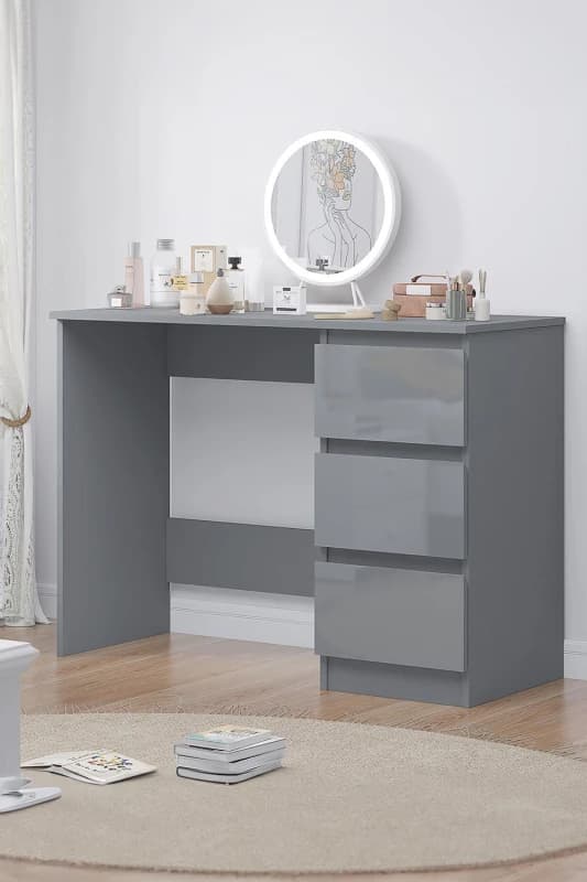 FWStyle High Gloss Grey Dressing Table Desk With 3 Large Drawers Grey