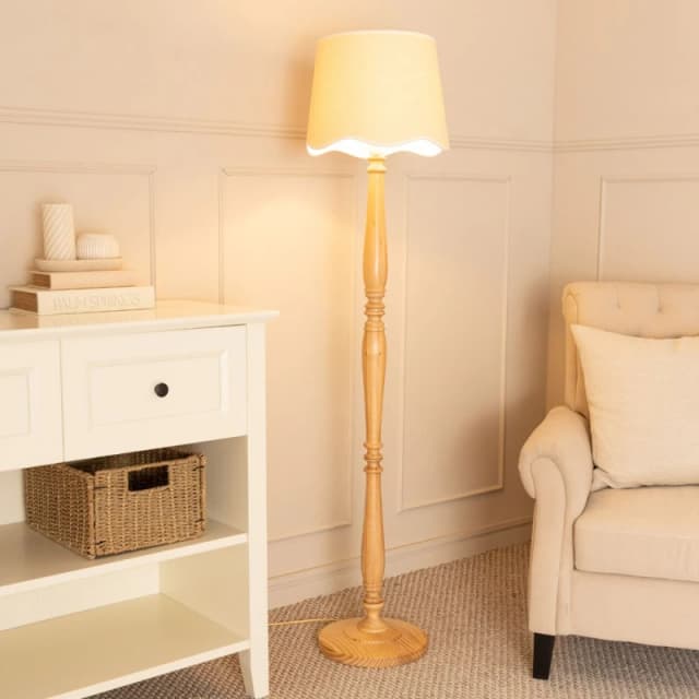 ValueLights Victoria Light Wood Candlestick Floor Lamp with Linen Scallop Trim Tapered Shade White