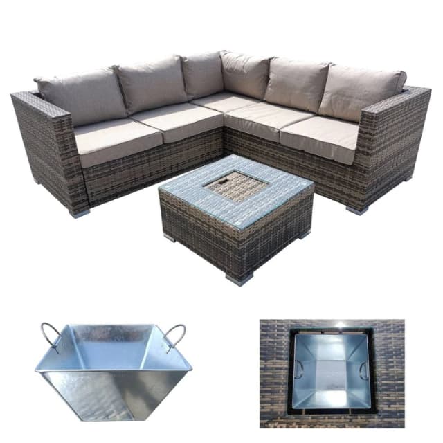 FURNITURE ONE 5 Seater Rattan Patio Corner Sectional Sofa with Ice Bucket Coffee Table Brown