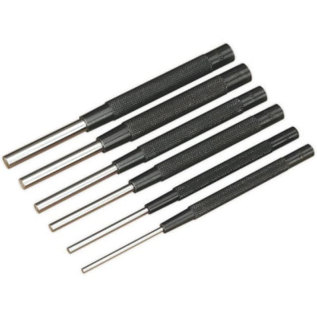Loops 6 Piece Parallel Pin Punch Set - Knurled Barrel Grip - 150mm - Chromed Steel Metallics